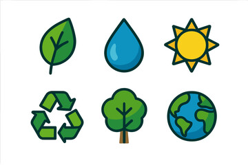 Six essential nature and ecology symbols set: leaf, water drop, sun, recycling, tree, and planet Earth