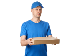 Delivery person in blue shirt and cap holding a brown box.