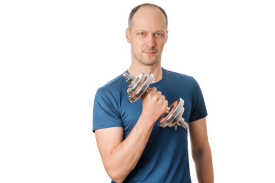 Man in blue shirt holding dumbbell in fitness pose. Dumbbell in his right hand.