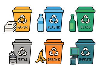 Six colorful recycling bins for waste sorting: paper, plastic, glass, metal, organic, and e-waste