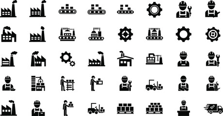 Collection of industrial icons representing factories buildings workers gears and machinery isolated on transparent background