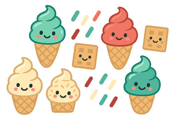 Smiling ice cream cones waffle squares and colorful candy sprinkles seamless background