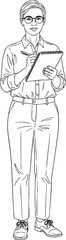 Line art illustration of a professional person with short hair and glasses holding a clipboard and pen.
