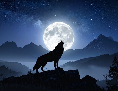 Loup hurlant &agrave; la pleine lune &ndash; paysage nocturne et myst&egrave;re sauvage