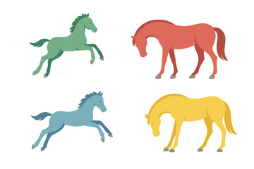 Collection of four stylized horses in vibrant colors performing dynamic actions like jumping and running