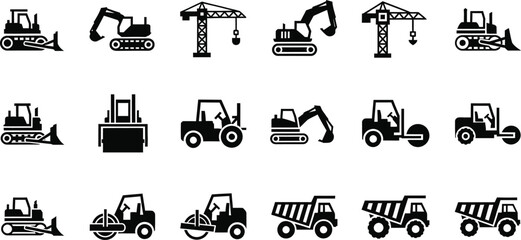 Collection of black construction vehicle icons including excavators bulldozers cranes and dump trucks isolated on transparent background