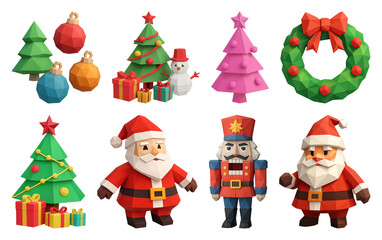 Fototapeta premium PNG Festive low-poly Christmas characters, element set on transparent background