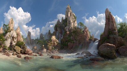 Majestic Mountain Landscape with Waterfalls and Blue Sky