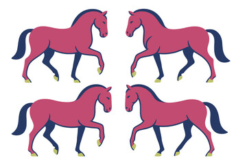 Stylized magenta horses with dark blue manes in a seamless repeating pattern