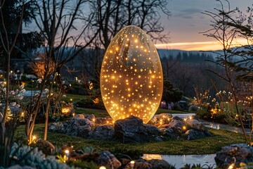 giant Easter egg surrounded by sparkling fairy lights in a magical garden at dusk 