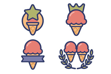 Four stylized ice cream cone badges and emblems with star, crown, ribbon banner, and laurel wreath decorations