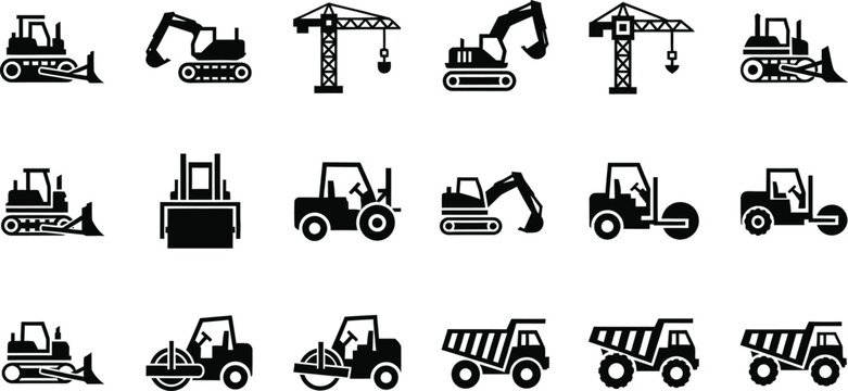 Collection of black construction vehicle icons including excavators bulldozers cranes and dump trucks isolated on transparent background