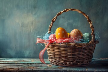 an Easter basket with painted eggs and ribbons, set on a vintage wooden table, soft light casting shadows