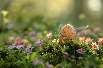 an Easter egg hidden beneath a bed of soft moss, with colorful flowers peeking through 