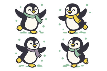 Adorable cartoon penguins wearing colorful scarves playing happily in the snow