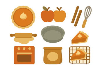 Baking ingredients and tools set including pie, apple, cinnamon, rolling pin, whisk, and oven