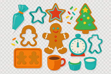 Christmas baking elements collection featuring gingerbread man, cookie cutters, and holiday treats