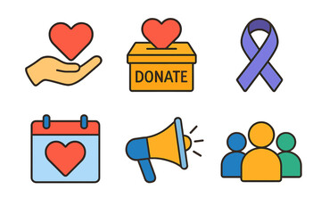 Charity and Donation symbols featuring heart, ribbon, megaphone, calendar, and community group