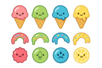 Adorable smiling cartoon food icons set featuring ice cream cones, glazed donuts, and fruit candy