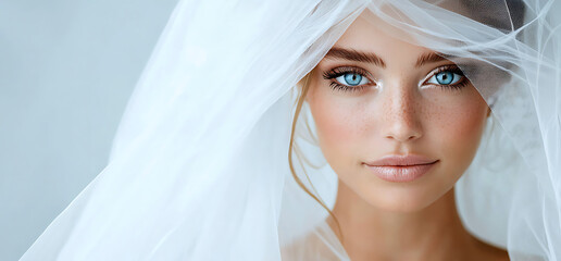 Beautiful woman with elegant eyebrows and striking blue eyes, wearing delicate veil, exudes grace and charm in soft, serene setting