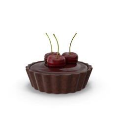 chocolate tartlet topped with three red cherries, isolated PNG