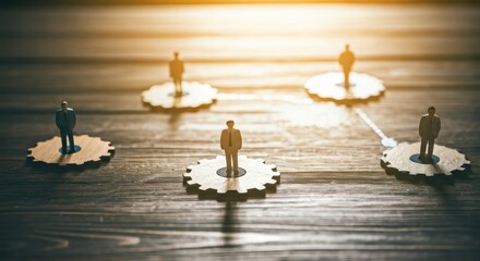 Miniature figures stand on gears, symbolizing teamwork & interconnectedness on wood