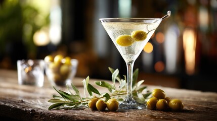 Classic Martini with Green Olives on Wooden Bar