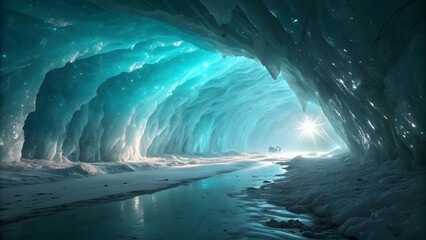 An aweinspiring ice cave with shimmering blue walls, illuminated by a faint light at the end of the tunnel, creating a surreal and otherworldly atmosphere