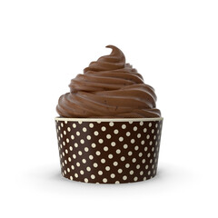 Chocolate soft serve ice cream in brown polka dot paper cup, isolated PNG