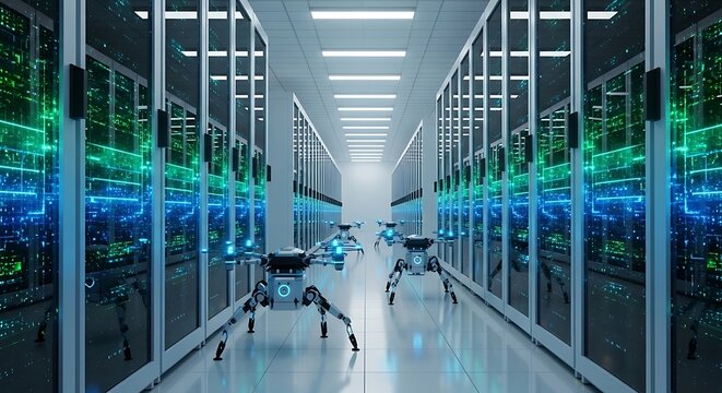 Futuristic Server Room with Robotic Maintenance Drones.