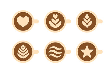 Set of six coffee cups viewed from above displaying various latte art designs