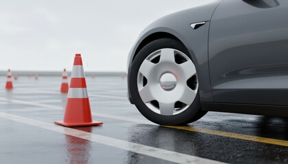 Car wheel navigating a wet asphalt surface with orange and white traffic cones, symbolizing a driving lesson, test, or learning process in a controlled environment
