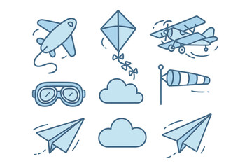 Aviation and flight elements including biplane, kite, windsock, pilot goggles, and paper airplanes © Mark