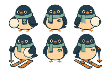 Six adorable cartoon penguins wearing scarves doing winter activities