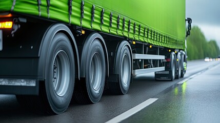 Fototapeta na wymiar Golden hour captures vibrant green tractor trailer on a highway, revealing intricate textures and dramatic lighting