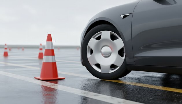 Car wheel navigating a wet asphalt surface with orange and white traffic cones, symbolizing a driving lesson, test, or learning process in a controlled environment