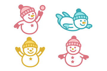 Set of cute stylized snowmen icons wearing winter hats in various poses