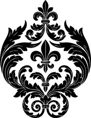 Elegant black fleur de lis damask ornament creates a sophisticated and timeless decorative accent for luxurious designs and classic branding projects © Artesian Edge