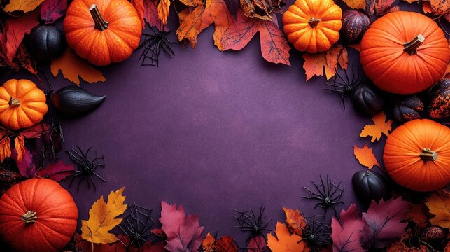 alloween background with cute ghosts, spider webs, and pumpkins on a purple paper surface. top-down flat lay. flat design. stock photo; no people, studio lighting, high-resolution photography, insanel