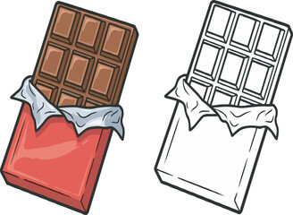 Vector illustration of an unwrapped milk chocolate bar in red packaging and foil isolated on white.