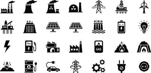 Collection of industrial and energy related icons representing power generation and consumption isolated on transparent background