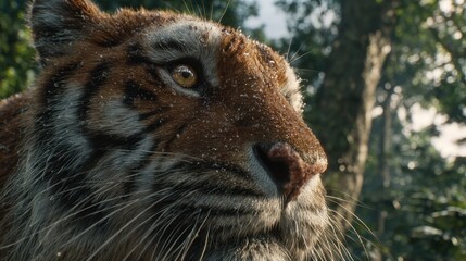 Majestic Tiger Close Up in Natural Forest Scene with Sunlight Filtering Through Trees