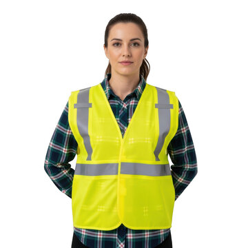 Professional woman wearing a bright yellow high visibility safety vest and plaid shirt isolated on transparent background