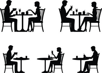 Set of Silhouettes Showing People Dining at Tables in Social, Romantic, and Casual Scenes for Restaurant, Icon, and Vector Use