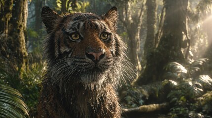 Majestic Tiger in Dense Jungle with Sunlight Filtering Through Trees