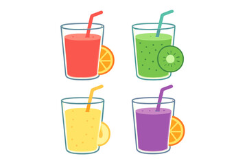 Four vibrant fruit smoothies in glasses with straws and fresh fruit slices on white background