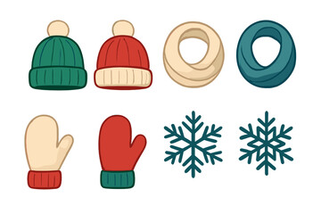 Collection of cozy winter accessories including knit hats with pom-poms scarves mittens and snowflakes