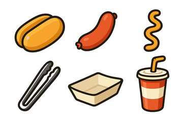 Collection of fast food elements including hot dog bun, sausage, mustard, drink, and serving tray