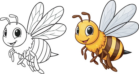 Cute cartoon flying honey bee character illustration with outline for coloring page © shonaching