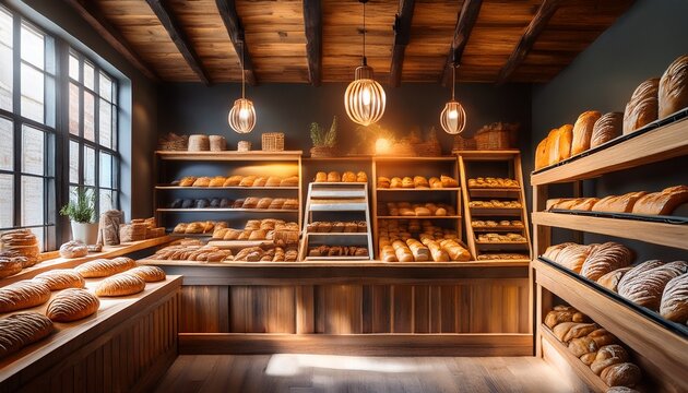a cozy bakery interior showcasing a variety of baked goods on wooden shelves with warm lighting and a rustic atmosphere